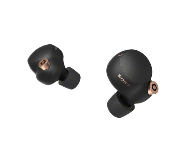 A pair of black wireless earbuds, the WF-1000XM4