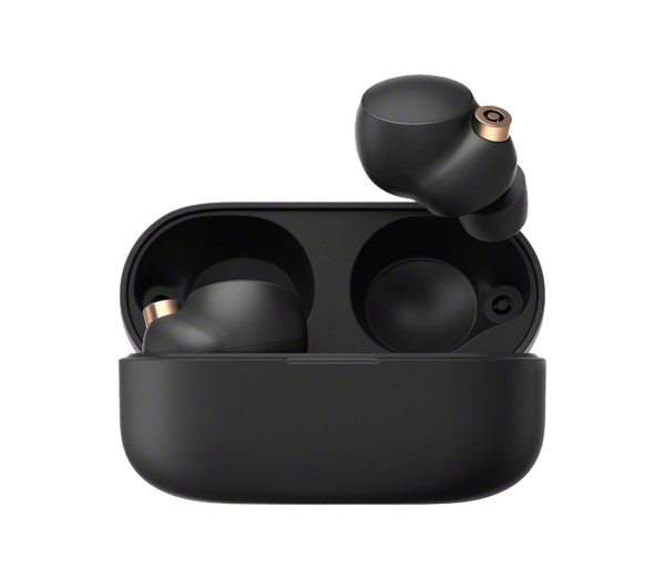 Open charging case of the WF-1000XM4 wireless earbuds with one earbud outside