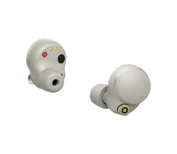 A pair of silver wireless earbuds, the WF-1000XM4